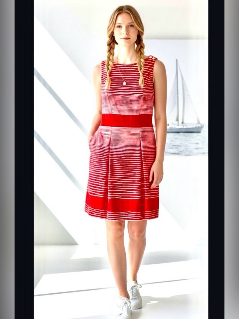 TALBOTS Dress- Fit and Flare Cocktail. Red & White Nautical Sleeveless 8P, Midi
